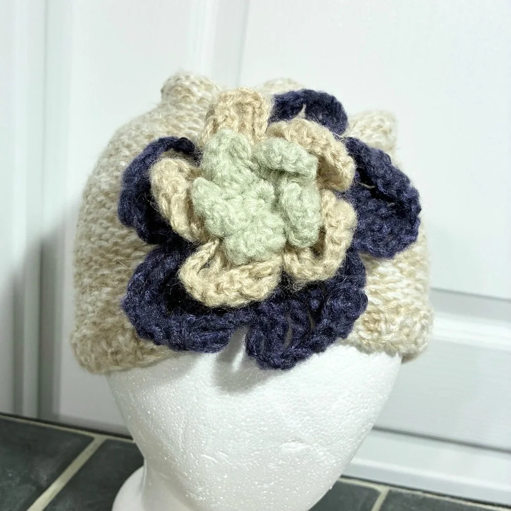 Crochet Flower Accent Hand Knit Beanie Oatmeal Purple Sage